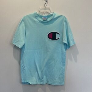 Vintage‎ Champion Mens Medium Aqua Blue Spell Out Logo T Shirt Tee Cotton